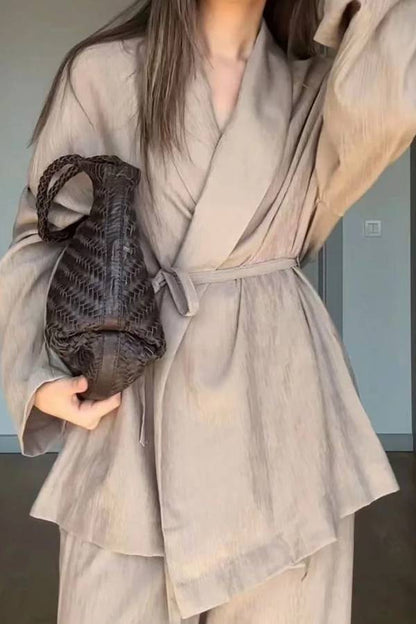 Casual Solid Color Lappel Top \u0026 Pants Two-Piece Set