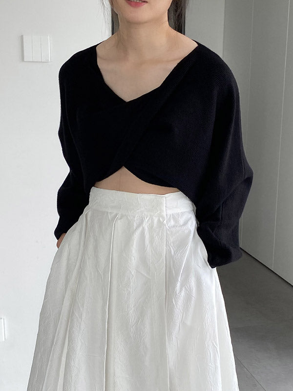 Batwing Sleeves Long Sleeves Knot Solid Color V-Neck Pullovers Sweater Tops