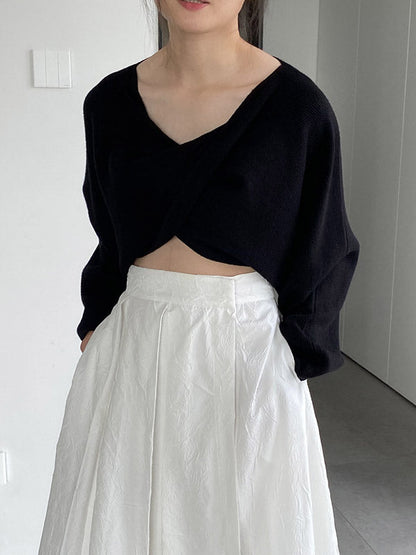 Batwing Sleeves Long Sleeves Knot Solid Color V-Neck Pullovers Sweater Tops