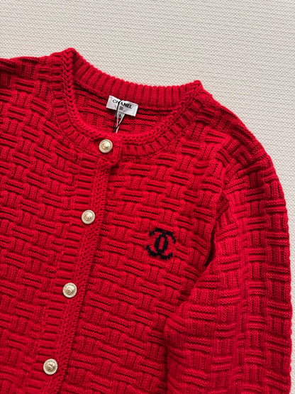 Chanel 2025 Knit Cardigan with Double C Logo Red Wool