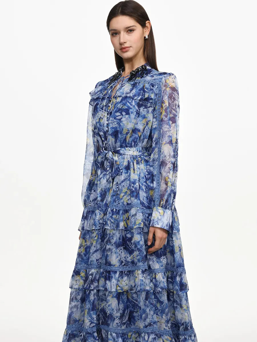 Hazel Flowy Long Sleeve Ruffle Floral Print Maxi Dress