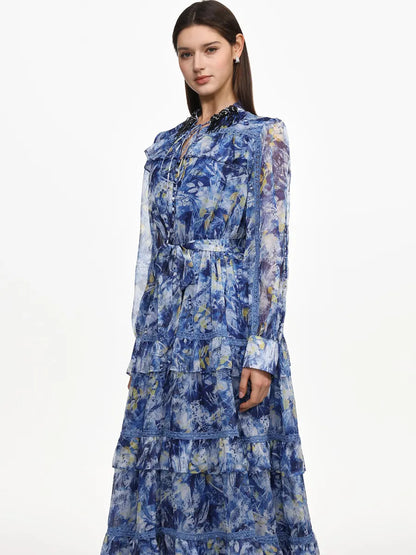 Hazel Flowy Long Sleeve Ruffle Floral Print Maxi Dress