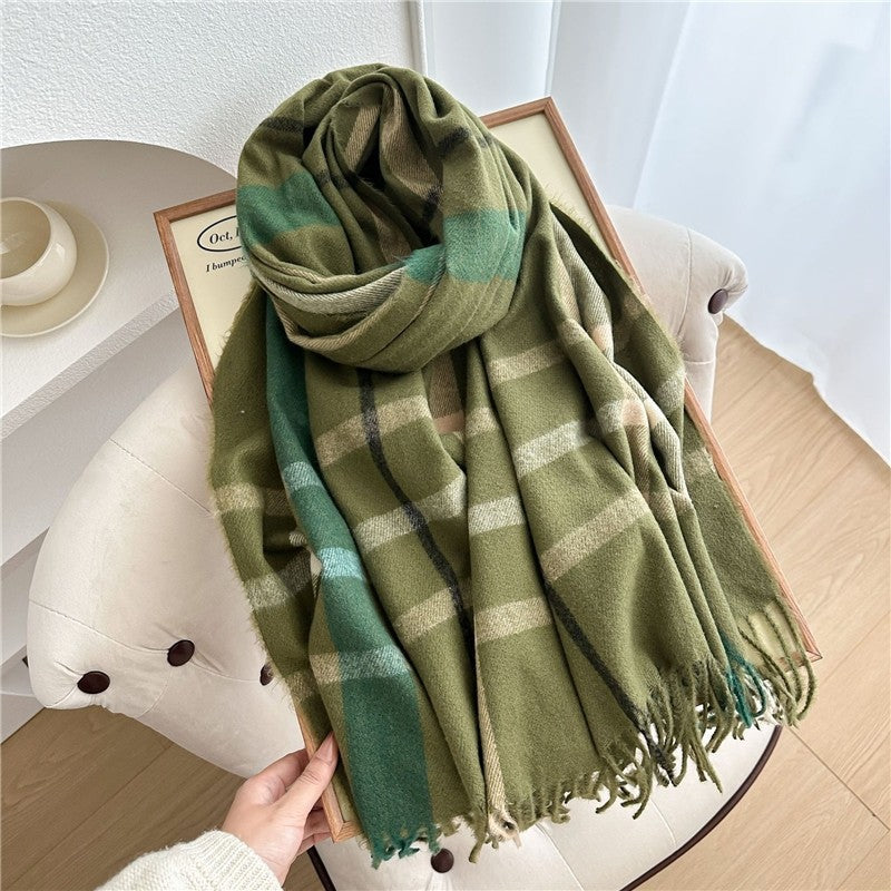 Color Block Plaid Fringe Scarf