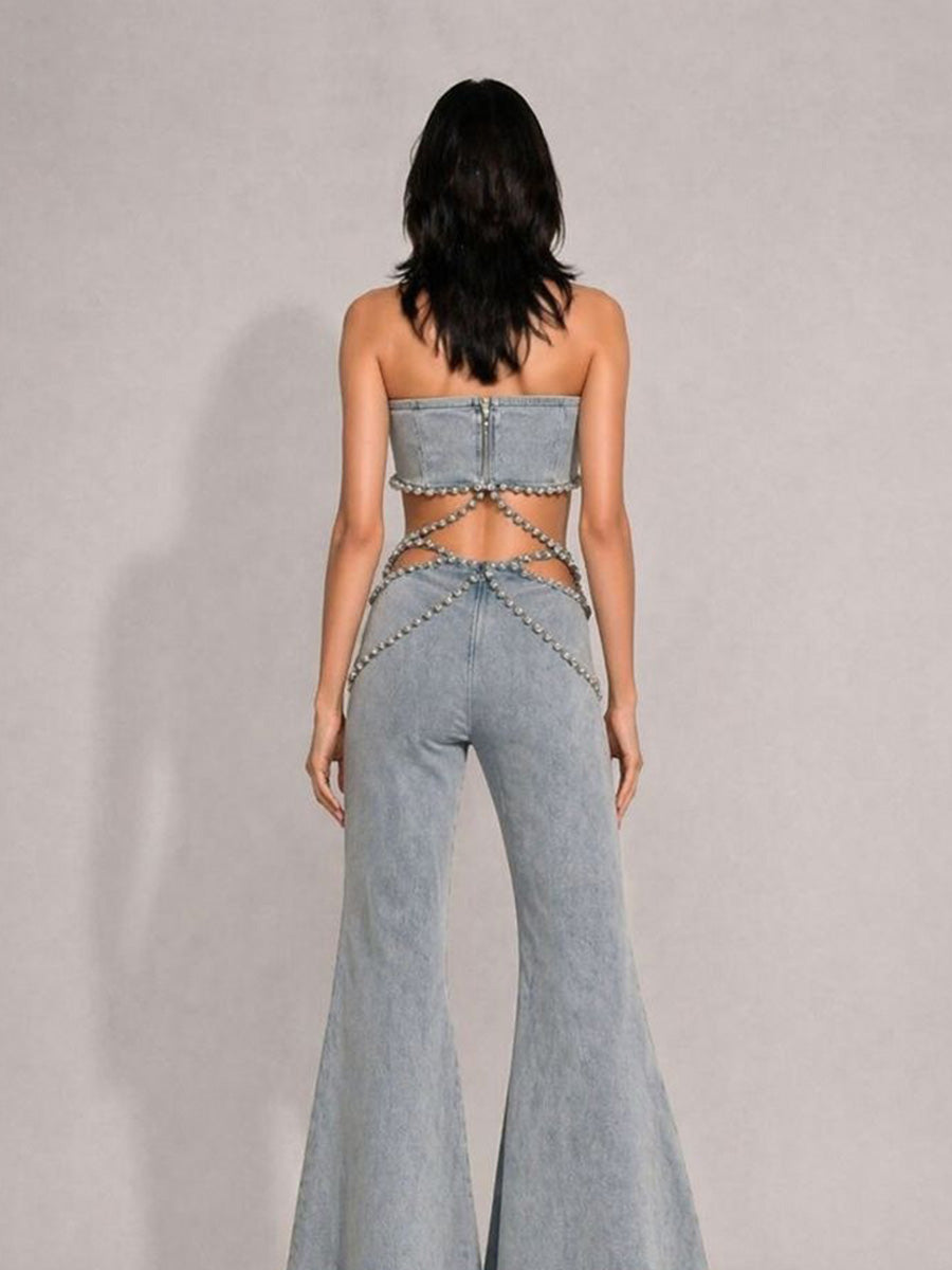 Aislinn Rhinestone-Embellished High-Waisted Denim Two Piece Set