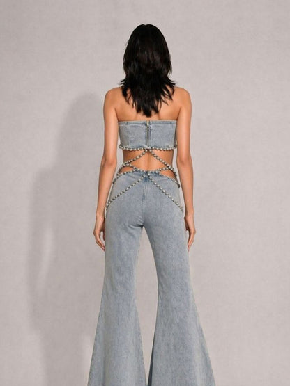 Aislinn Rhinestone-Embellished High-Waisted Denim Two Piece Set