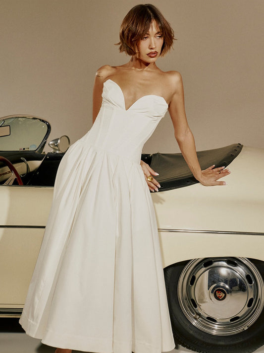 Aria Off-Shoulder Corset Midi Dress In White