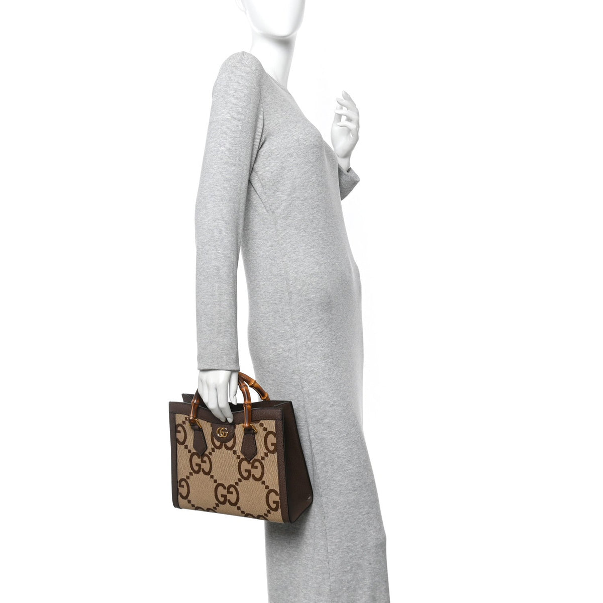 Monogram Jumbo GG Textured Dollar Calfskin Small Diana Tote Bag Camel Ebony New Acero