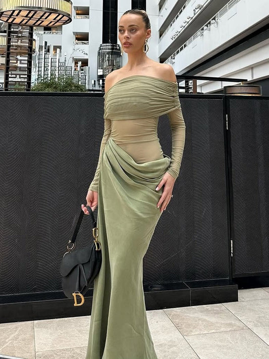 Ariadne Elegant & Sexy Off-Shoulder Sheer Mesh Maxi Dress
