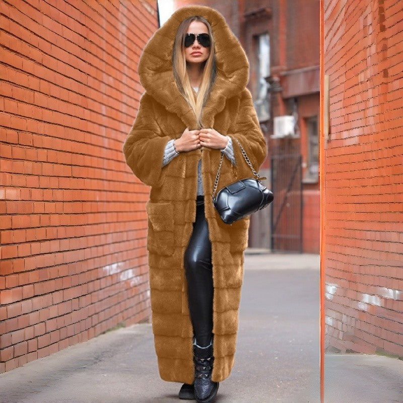 Thick Long Plush Hooded Faux Fur Coat