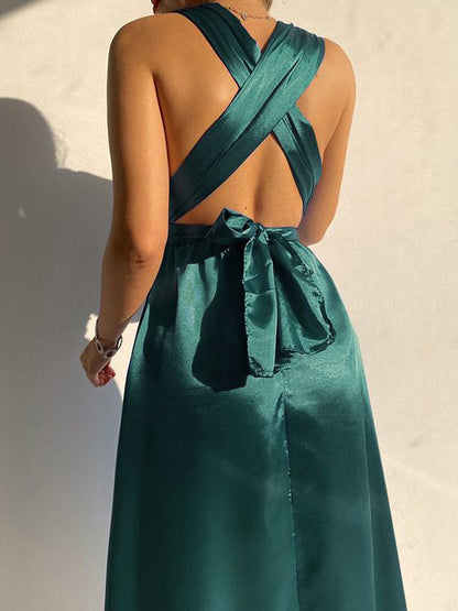Solid Color Bandage Sleeveless Elegant Satin Midi Dresses
