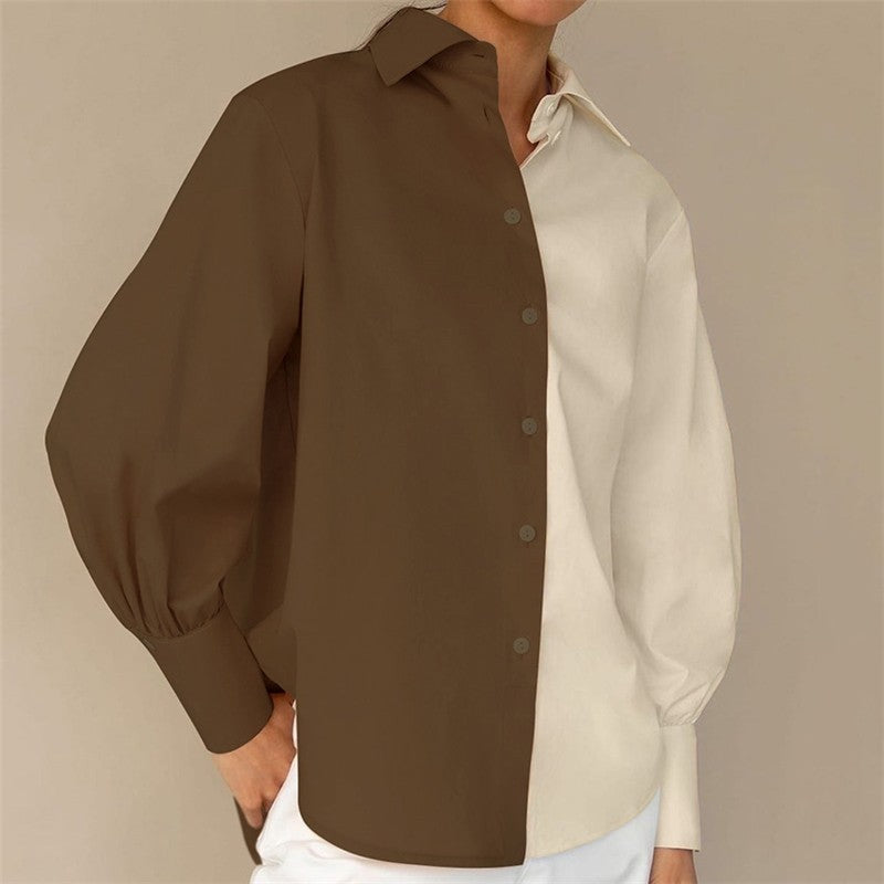 Contrast Color Lapel Long Sleeve Single Breasted Blouse