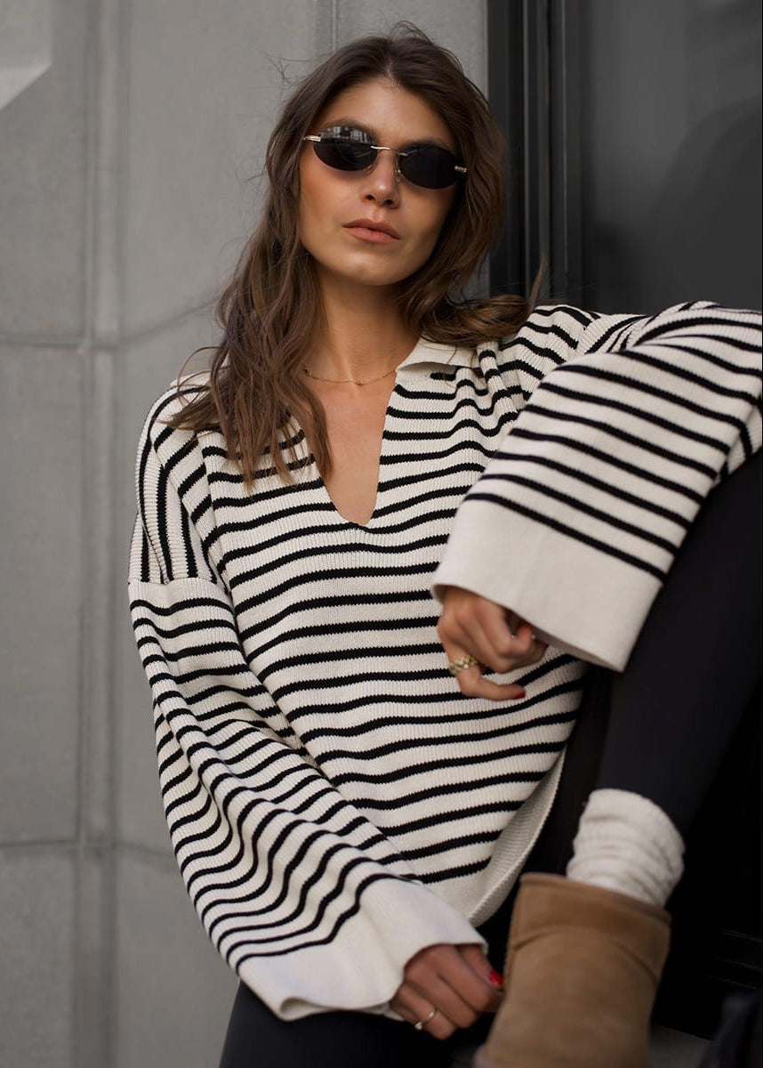 Striped V Neck Knit Sweater With Wide Sleeves