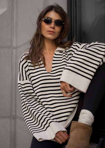 Striped V Neck Knit Sweater With Wide Sleeves