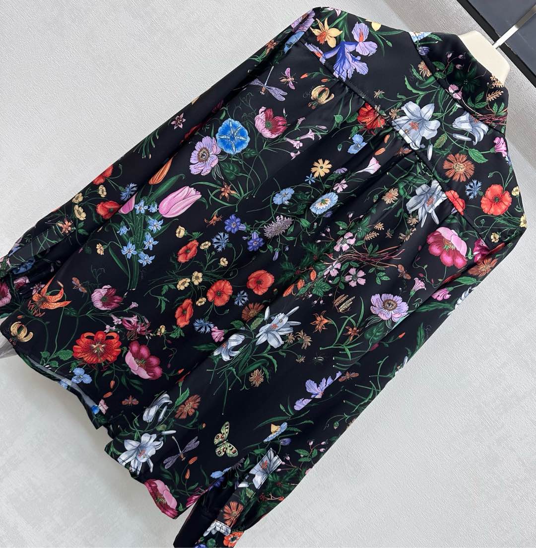 GG SS26 Flora Printed Collared Shirt Black Multicolor Silk 351779