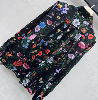 GG SS26 Flora Printed Collared Shirt Black Multicolor Silk 351779