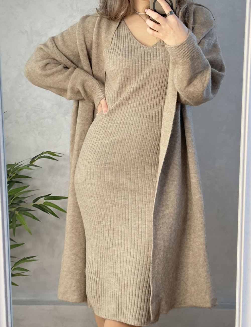 2 Pcs Elegant Fall Long Sleeve Cardigan Tank Dress