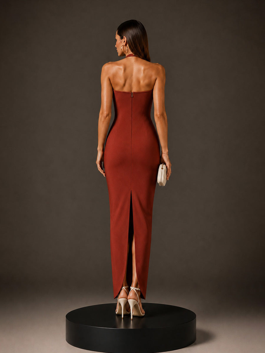 Eloise Halter-Neck Maxi Dress with Back Slit and Fringes In Brick Red