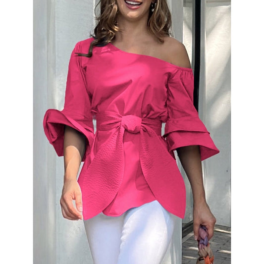 Flared Sleeves Wrap Bandage Hollow Solid Color Split-Joint Shirts Tops