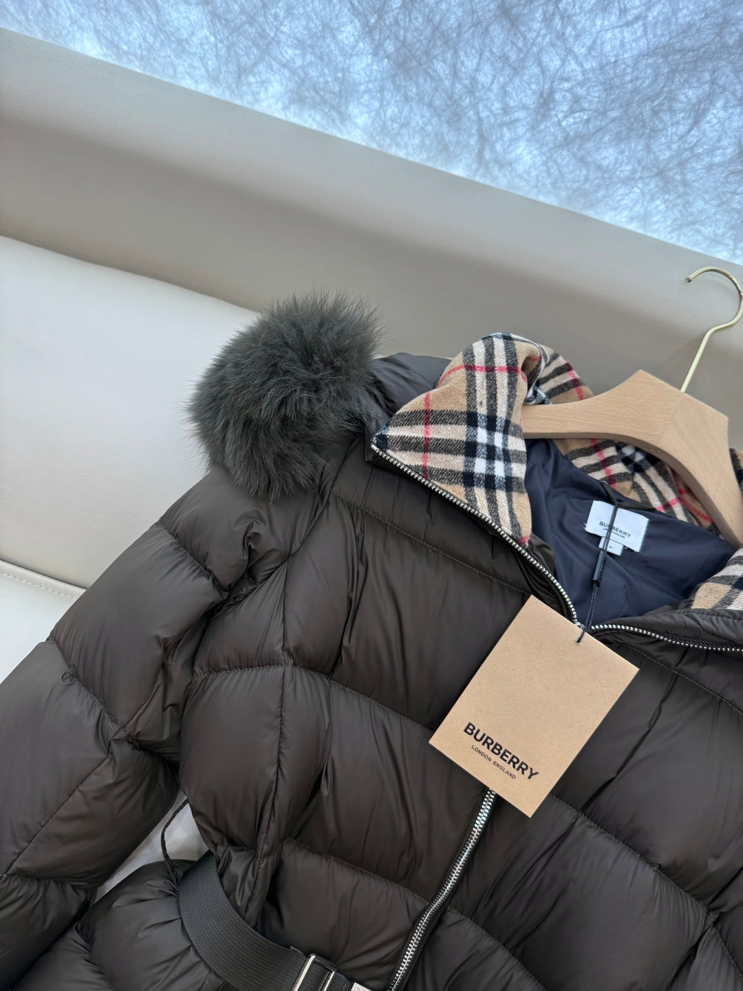 Burberry 25 Fur Collar Plaid Slim-fit Khaki Green Jacket Polyester Down