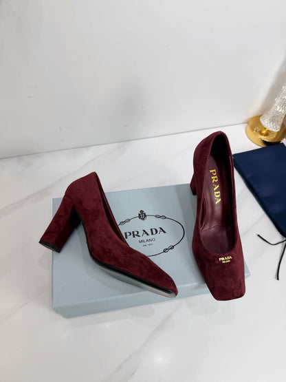 PRA 26SS Square-toe Block Heels 85 Burgundy Suede 592359