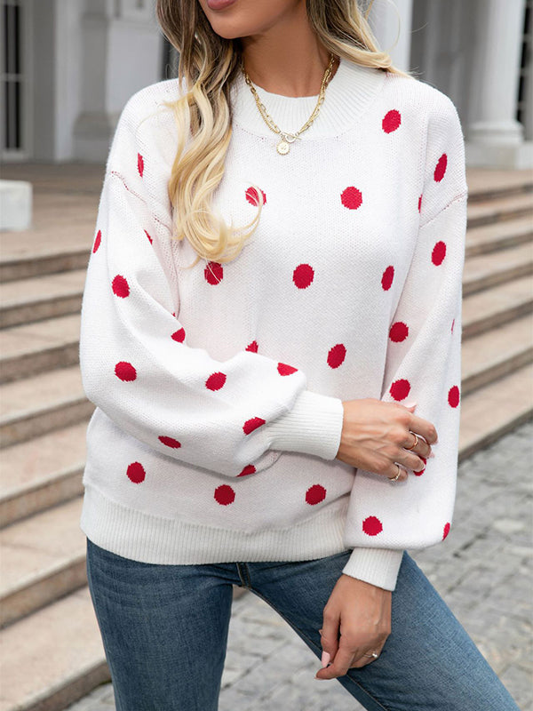 Long Sleeves Loose Polka-Dot Knitwear Pullovers Sweater Tops
