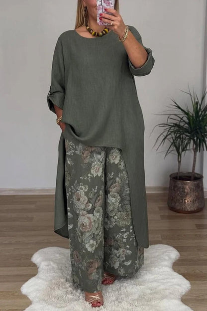 Linen Blend Crew Neck Long Sleeve Irregular Loose Top and Elastic Waist Floral Print Casual Pocket Set