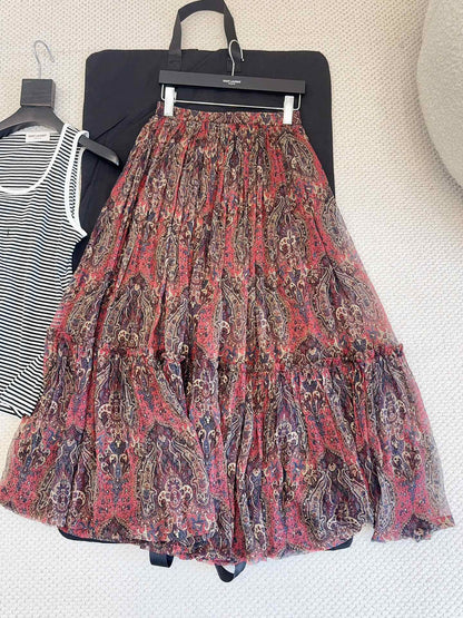 YSL 2025 Printed Skirt Red Silk