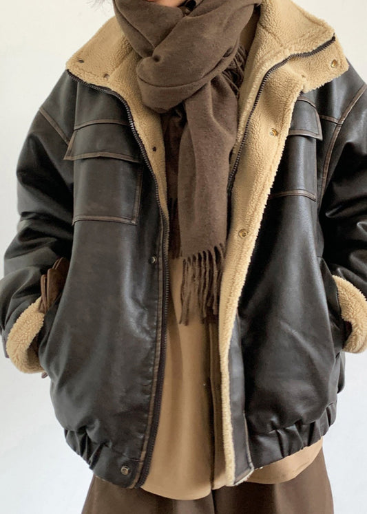 Leather Jacket With Lamb Fur Lining And Oversized Fit