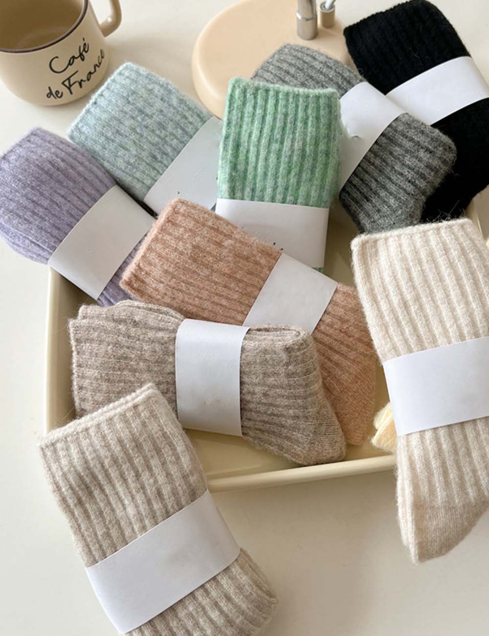 Solid Color Striped Thicken Plush Wool Crew Socks