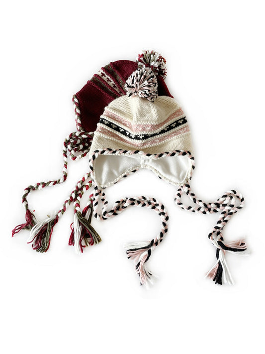 Haila - Color-blocking Beanie with Pom-pom and Braid