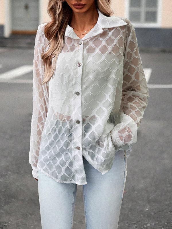 Long Sleeves Loose Buttoned Mesh See-Through Lapel Blouses&Shirts Tops
