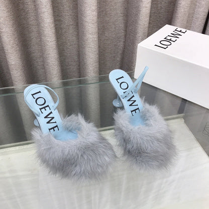 Loewe 25SS Fur-lined Mule 100 Blue in Fox Fur 597444