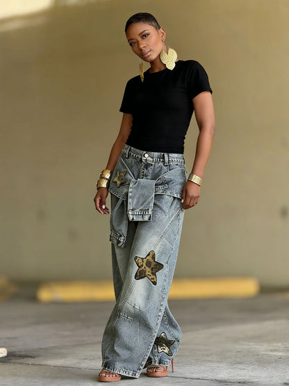 Carolina Star and Leopard Print Patchwork Jeans