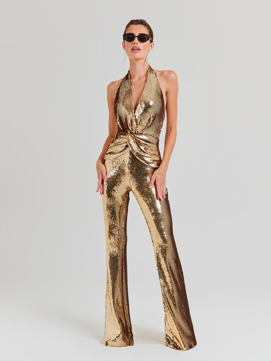 Enoch Backless Twisted Sequin Jumpsuit