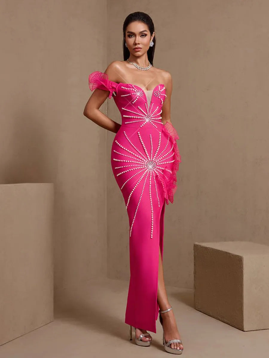 Kiana Pearl Embellished Asymmetric Bandage Maxi Dress