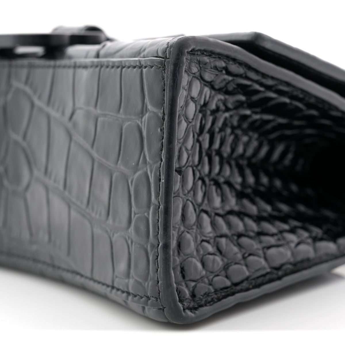 Shiny Calfskin Monochrome Crocodile Embossed Hourglass Top Handle Bag XS Black