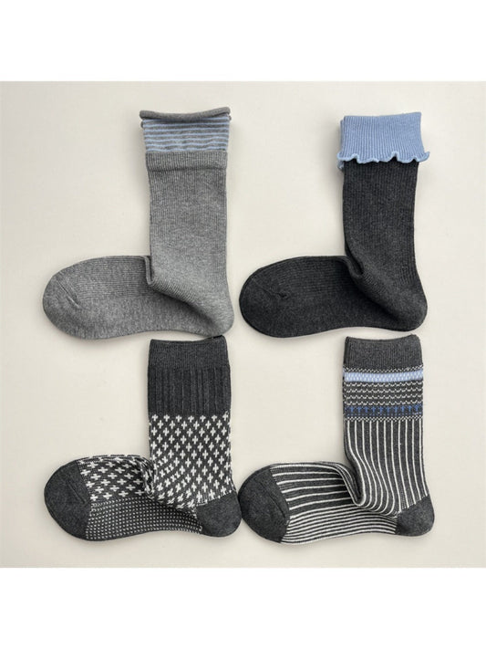 Rufia - Grey Classic Pattern Turn-Cuff Mid-Crew Socks