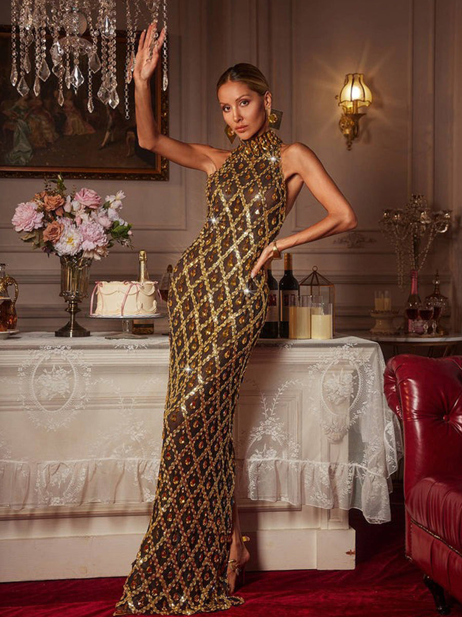 Mariana Sequin Crystal Maxi Dress In Gold