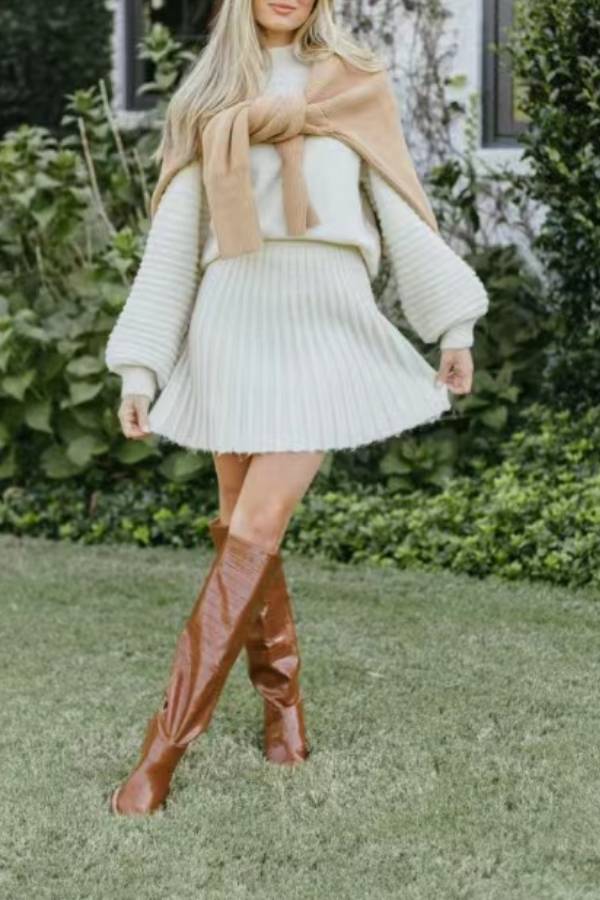 Knitted lantern sleeve skirt two-piece set