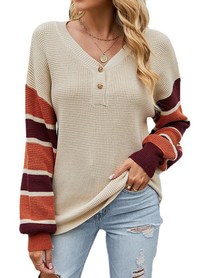 Casual Puff Sleeves Loose Striped V-Neck Sweater Tops
