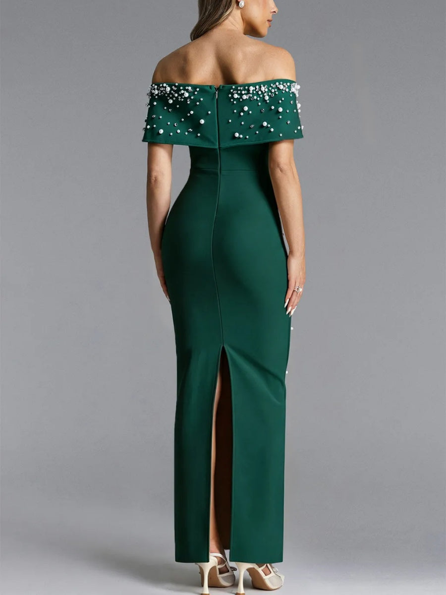 Chloe Off-the-Shoulder Pearl-Embellished Bandage Maxi Dress