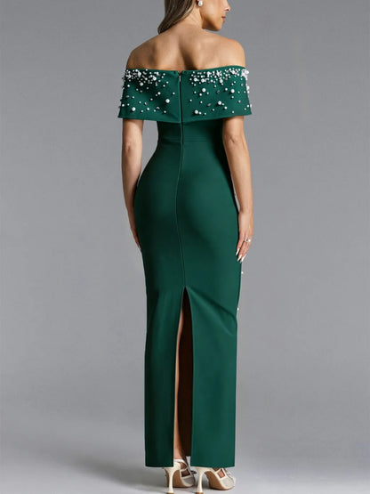 Chloe Off-the-Shoulder Pearl-Embellished Bandage Maxi Dress
