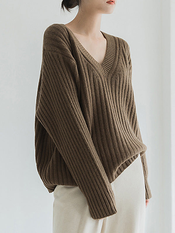 Casual Loose Solid Color V-Neck Sweater Tops