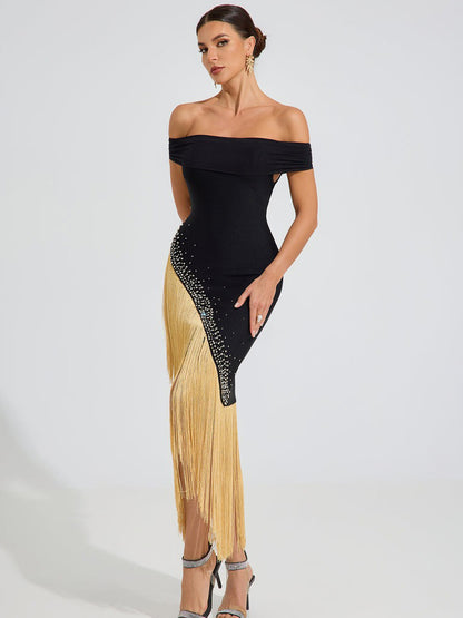 Taylor Gold Fringe Elegance Midi Dress In Black