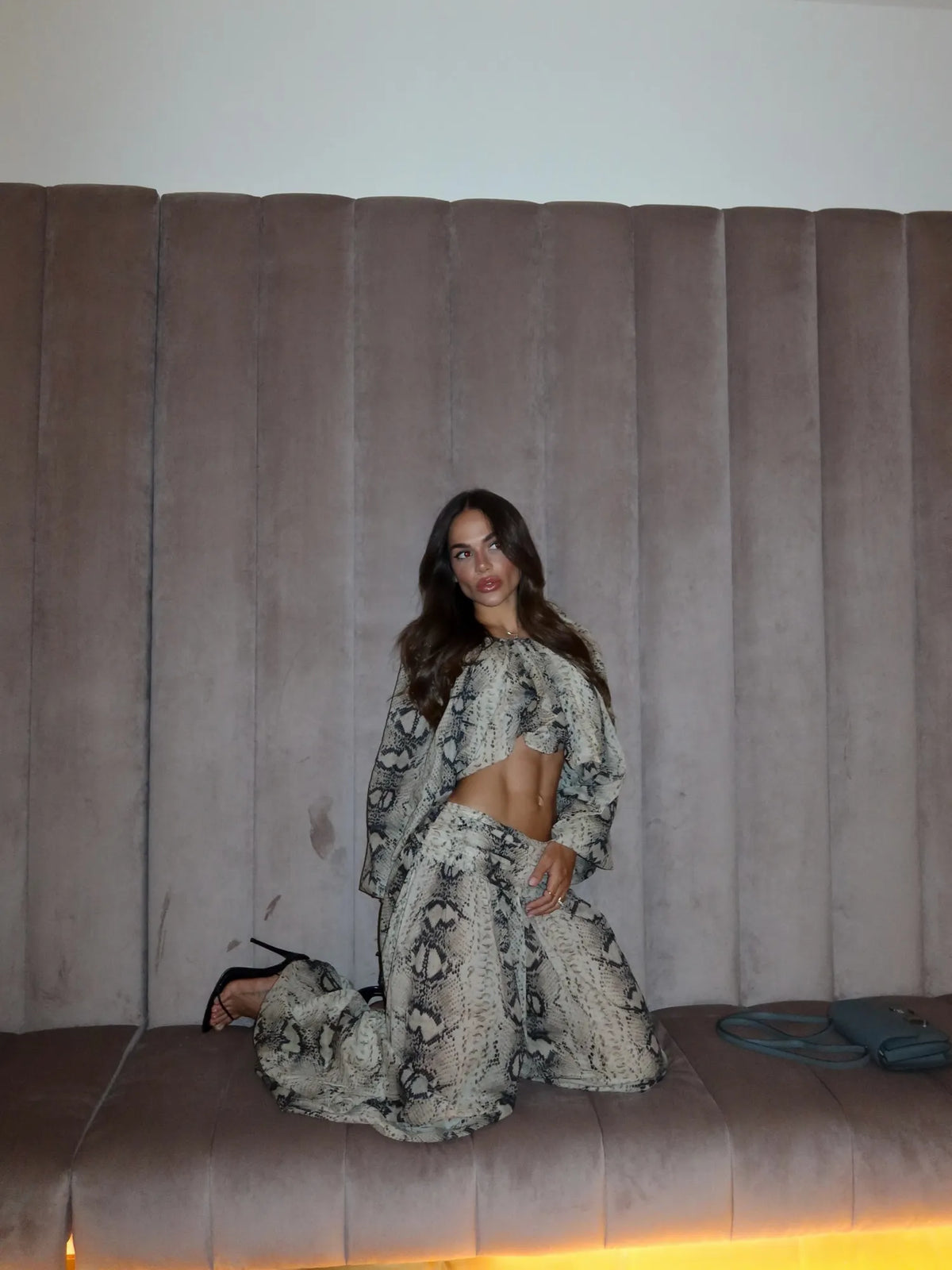 Annabel Snake-print Lantern-sleeve Top and Trousers Set