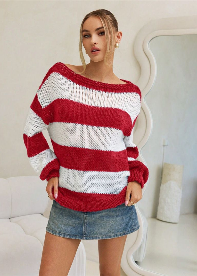 Striped Knit Boat Neck Sweater Navy White