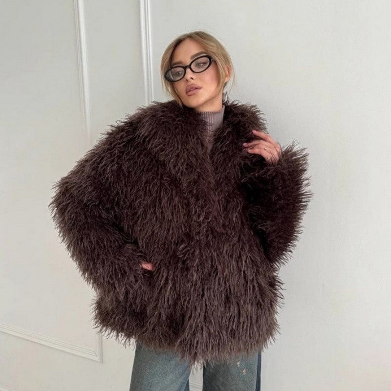 Faux Fur Coat Large Lapel Raglan Sleeve Winter Outerwear