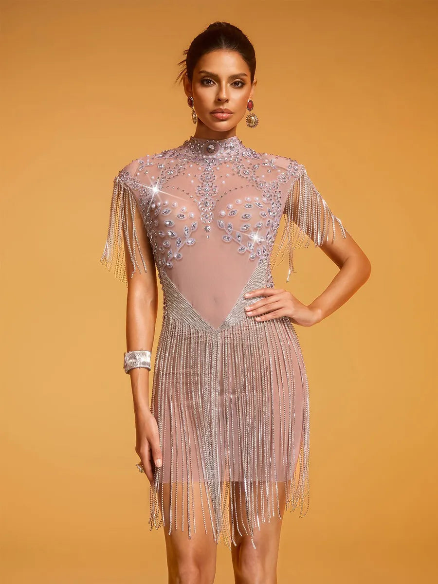 Evangeline Pearl Rhinestone Fringe Mesh Dress