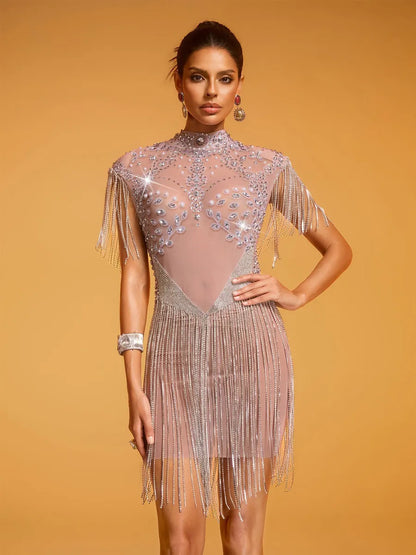 Evangeline Pearl Rhinestone Fringe Mesh Dress