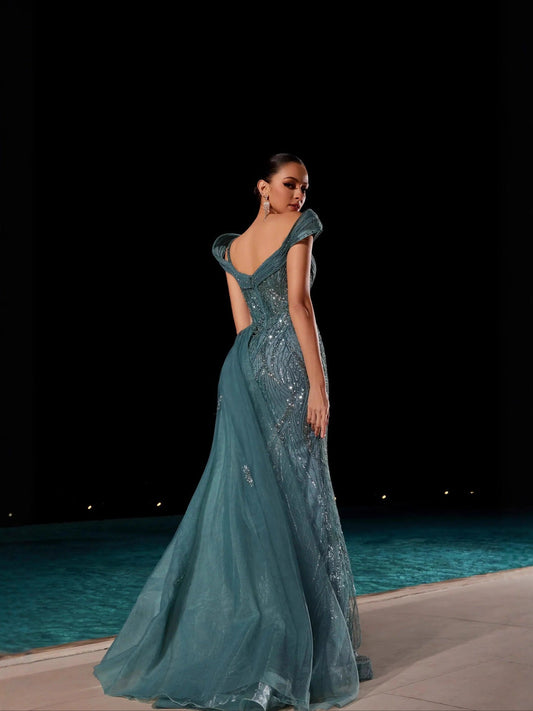 Bardot Crystal Bustier Sequin Maxi Dress Green